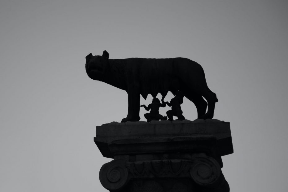 ancient sculpture of mythical romulus and remus